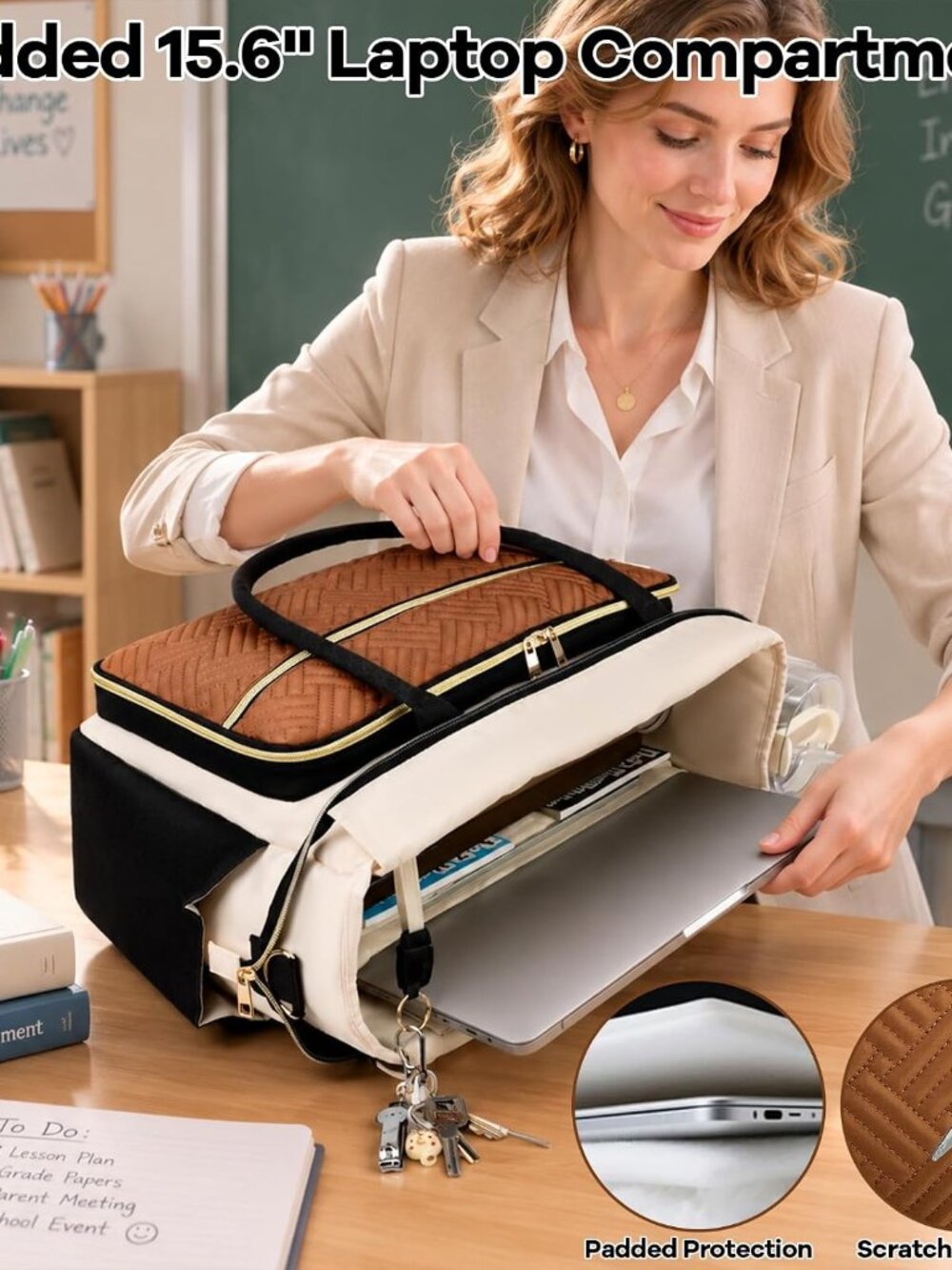 Teacher Tote Bag for Women with Large Cup Holder& 15.6 Inch Laptop Compartment, - Picture 5 of 8
